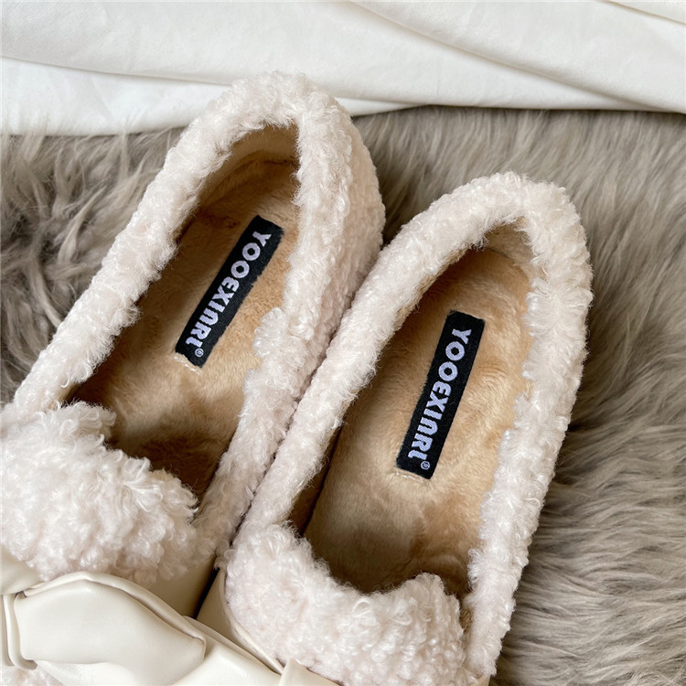 レディーススリッポン 蝶結び付き幅広もこもこ裏起毛レディース靴