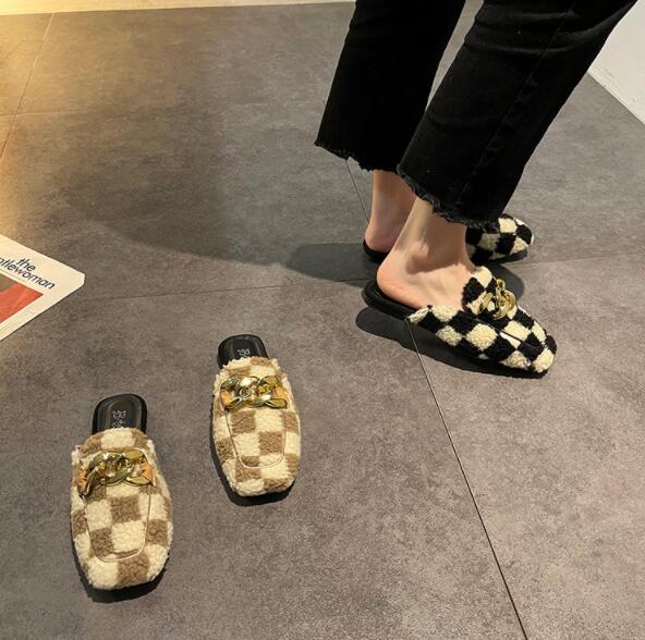 レディーススリッポン 秋冬レディース幅広チェック柄ファーミュール金具付きスリッポン