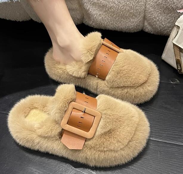 レディーススリッポン 冬新作厚底ファーサンダル保温ふわふわ外履き対応
