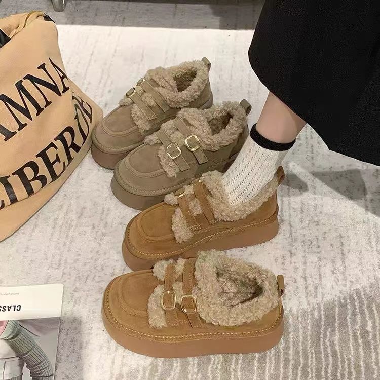 レディーススリッポン 厚底もこもこ羊毛風ショート靴 裏ボア暖か女性用