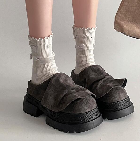 レディーススリッポン レディース厚底つっかけ靴 スエード風リボンデザインパンプス