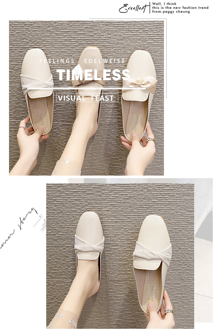 レディーススリッポン 幅広対応 女性用ぺたんこローファー風サンダル リボン付き