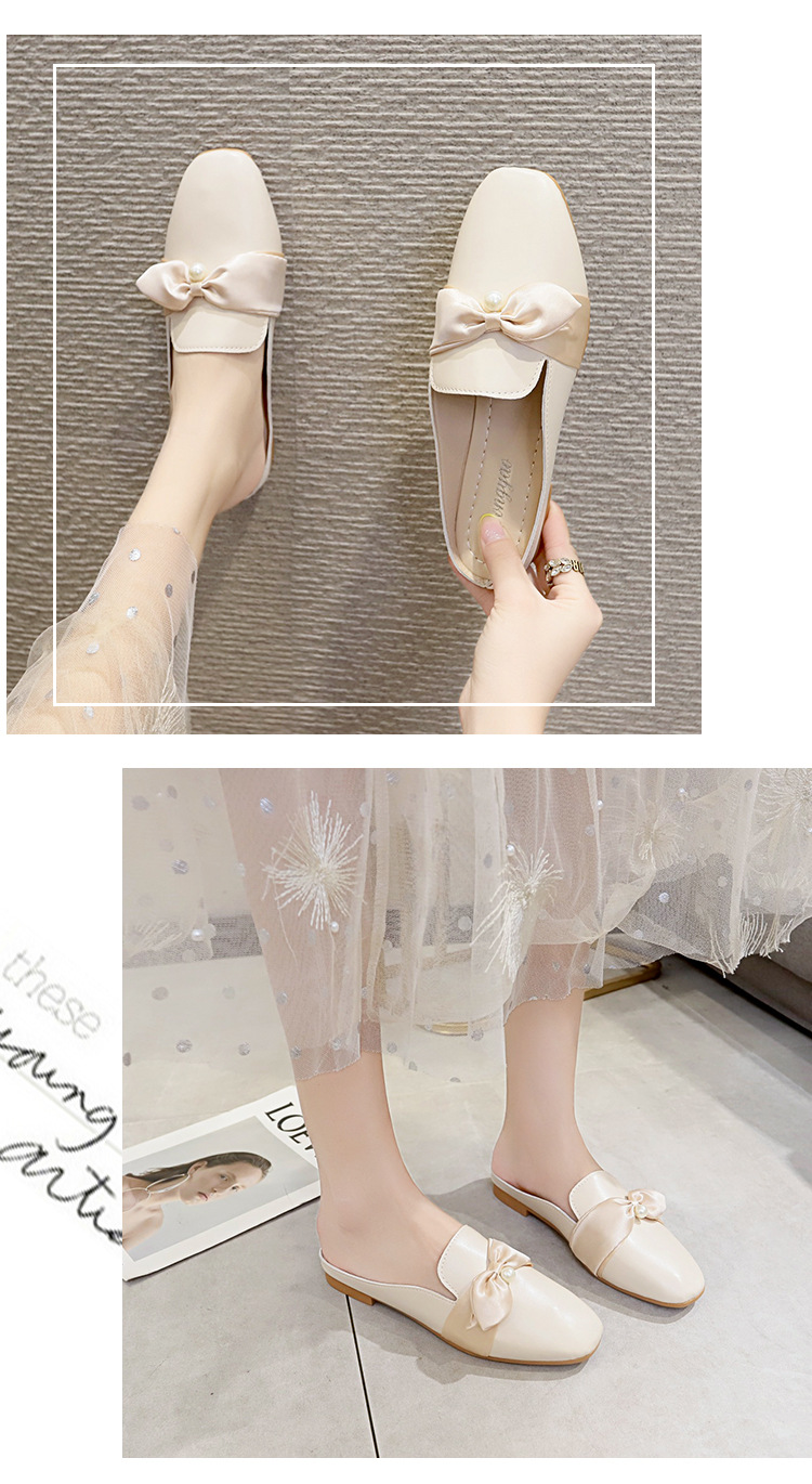 レディーススリッポン 幅広対応 女性用ぺたんこローファー風サンダル リボン付き