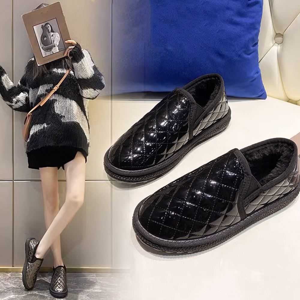 レディーススリッポン 幅広ムートンパンプス裏ボア防寒モカシン