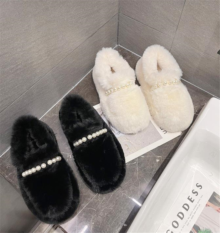 厚底ファー付きパール装飾レディーススリッポン