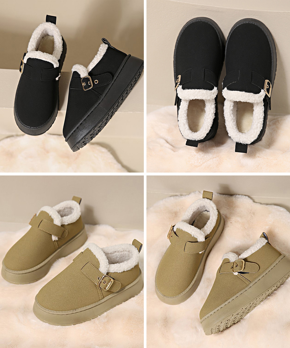 レディーススリッポン 厚底ムートンブーツ 裏起毛ベルト付きショートブーツ