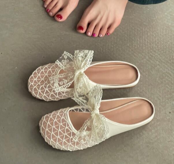 レディーススリッポン 幅広対応レースリボン付きぺたんこミュールサンダル