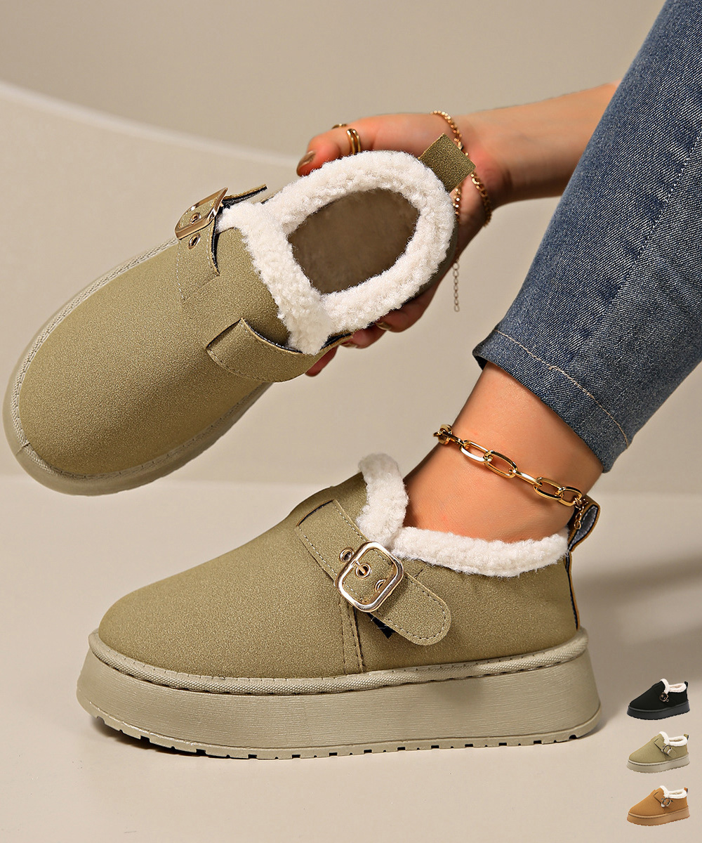 レディーススリッポン 厚底ムートンブーツ 裏起毛ベルト付きショートブーツ