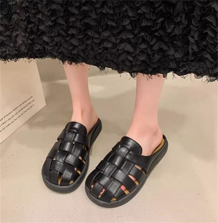 レディーススリッポン 幅広編み込み平底サンダル 妊婦も履きやすいこなれ感スリッポン