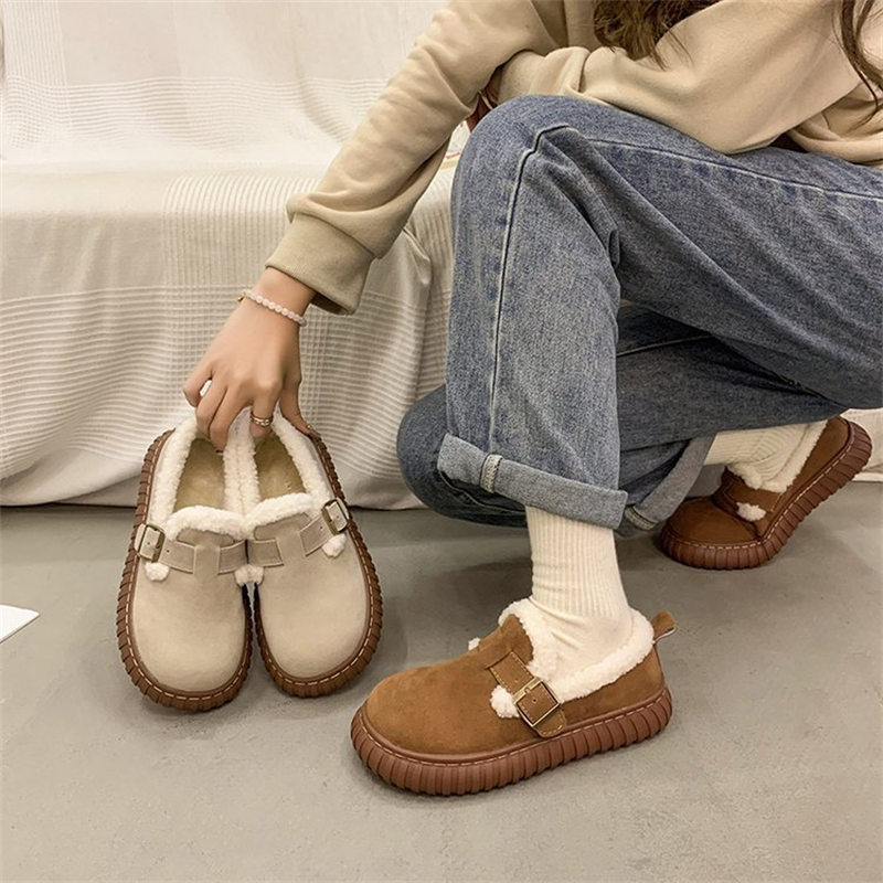 レディーススリッポン ふわふわボア付き厚底スリッポンシューズ