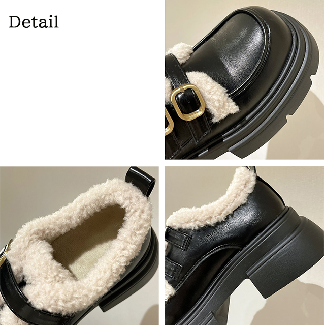 レディーススリッポン 裏ボア厚底ローファー風スリッポン 二連ストラップ 美脚スタイルアップ