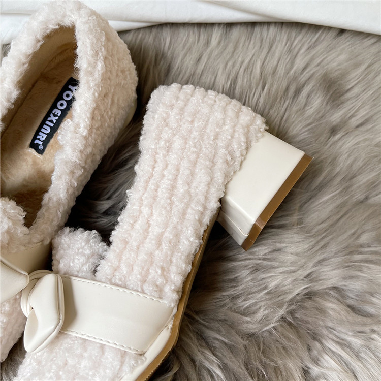 レディーススリッポン 蝶結び付き幅広もこもこ裏起毛レディース靴