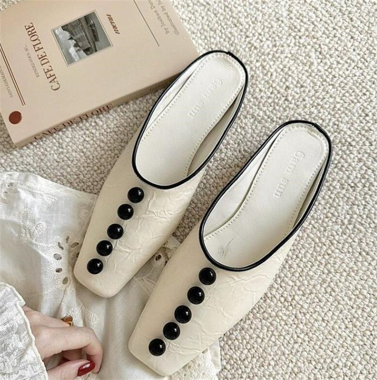 レディーススリッポン 幅広対応パール付き角先半履きぺたんこ靴2024秋冬