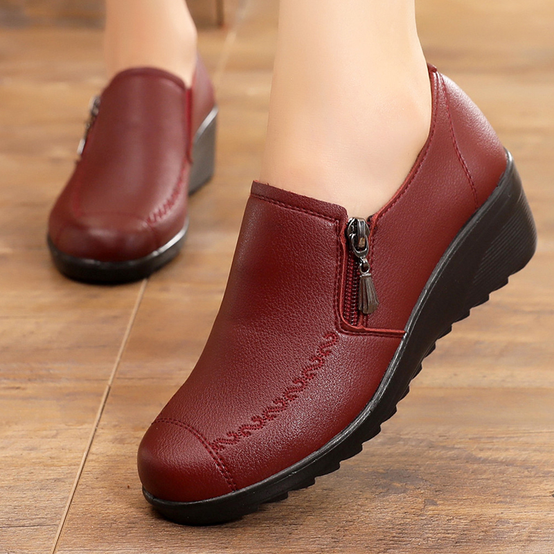 レディーススリッポン ファスナー付き本革調厚底スリッポンシューズ