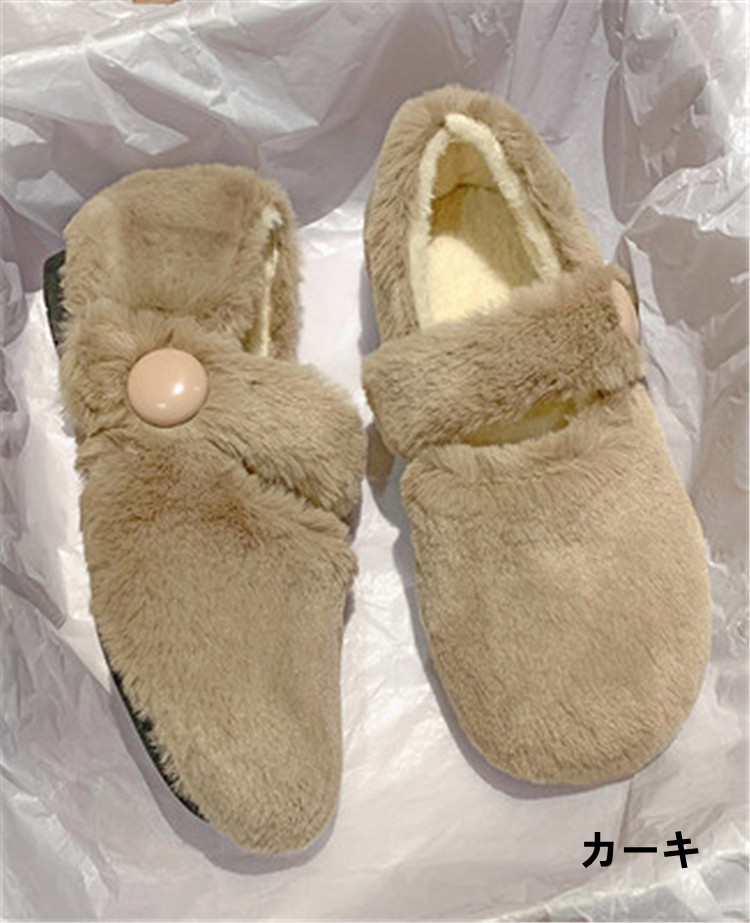 レディーススリッポン レトロ裏起毛ふわもこ幅広フラット靴