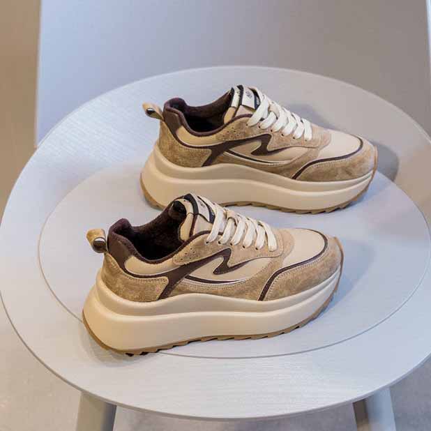 レディーススリッポン 女性用厚底運動靴 裏起毛あったか紐靴 脚長効果