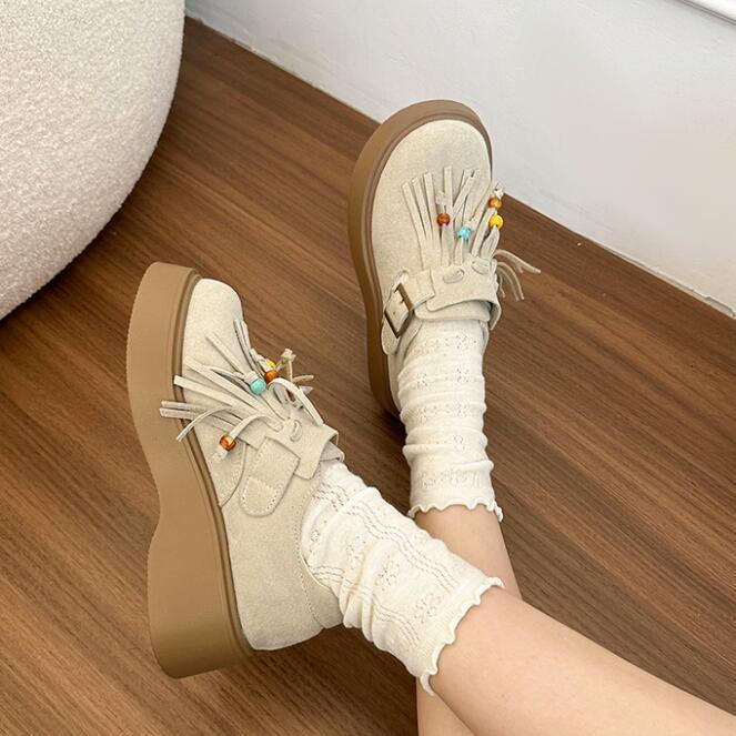 レディーススリッポン 厚底フリンジローファー レディース靴 カラービーズ付き