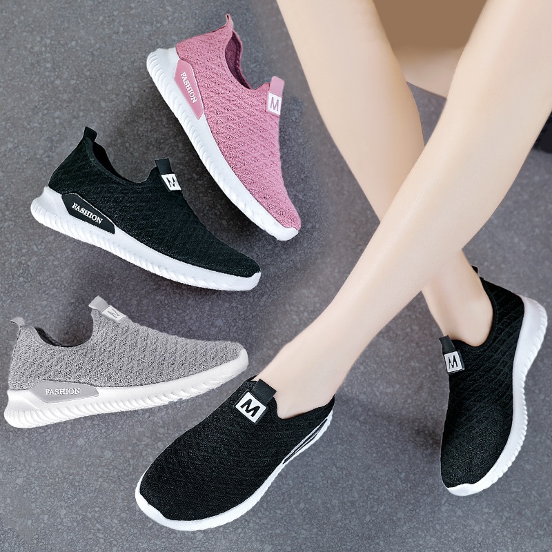 レディーススリッポン 通気性抜群ニット編み厚底スリッポン