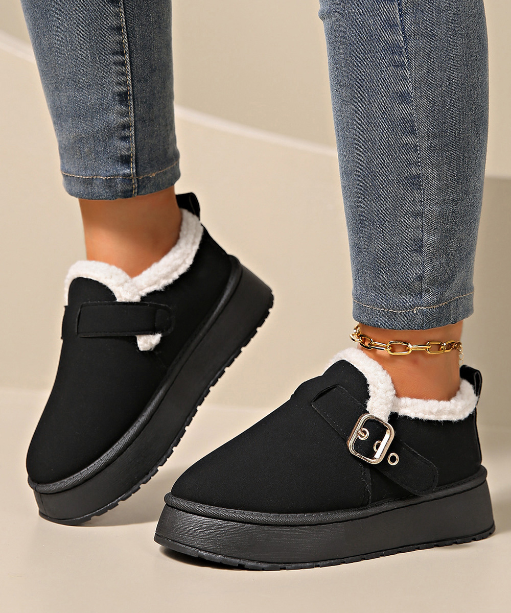 レディーススリッポン 厚底ムートンブーツ 裏起毛ベルト付きショートブーツ