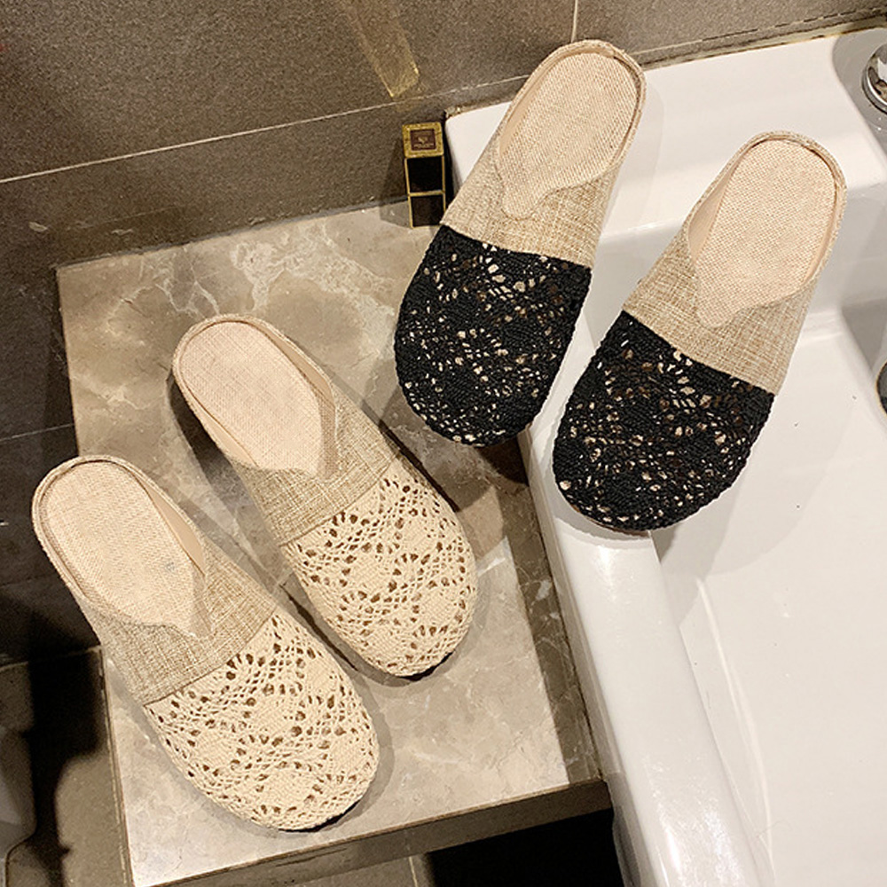 レディーススリッポン 幅広レディース編みぺたんこミュールサンダル