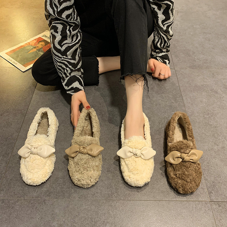 レディーススリッポン 幅広対応 蝶結び ふわもこ裏起毛 厚底綿スリッパ