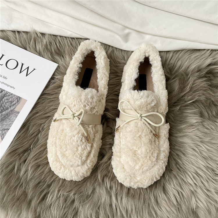 レディーススリッポン 幅広 蝶結び厚底ぬいぐるみ靴 裏起毛暖かスリッポン