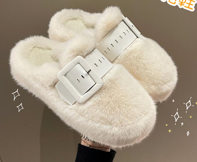 レディーススリッポン 冬新作厚底ファーサンダル保温ふわふわ外履き対応