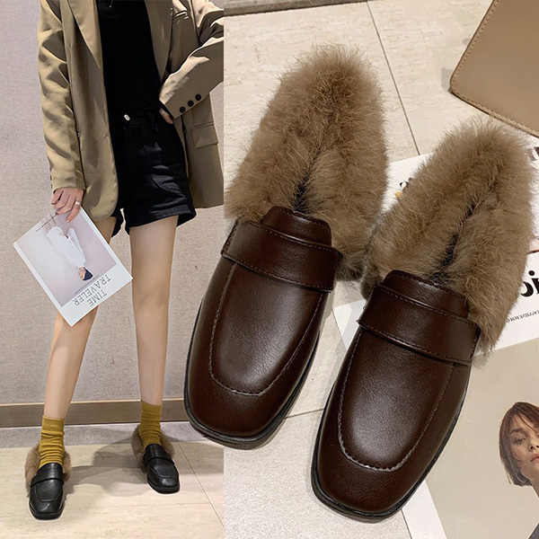 レディーススリッポン ファー付きローファー風スリッポン 裏起毛 秋冬 レディース靴