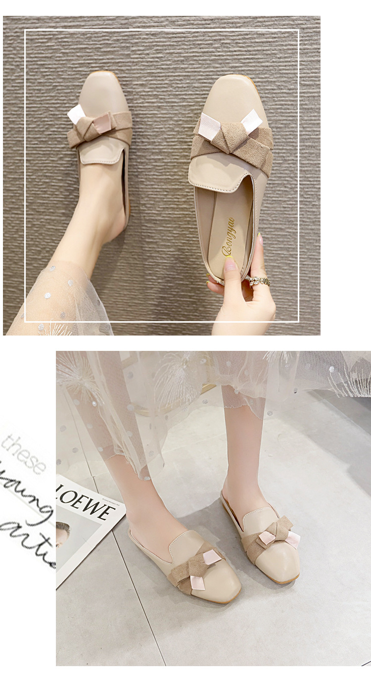 レディーススリッポン 幅広対応 女性用ぺたんこローファー風サンダル リボン付き