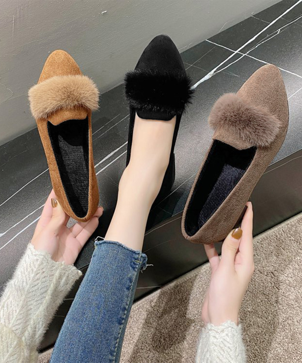 レディーススリッポン ファー付きポインテッドトゥスリッポン