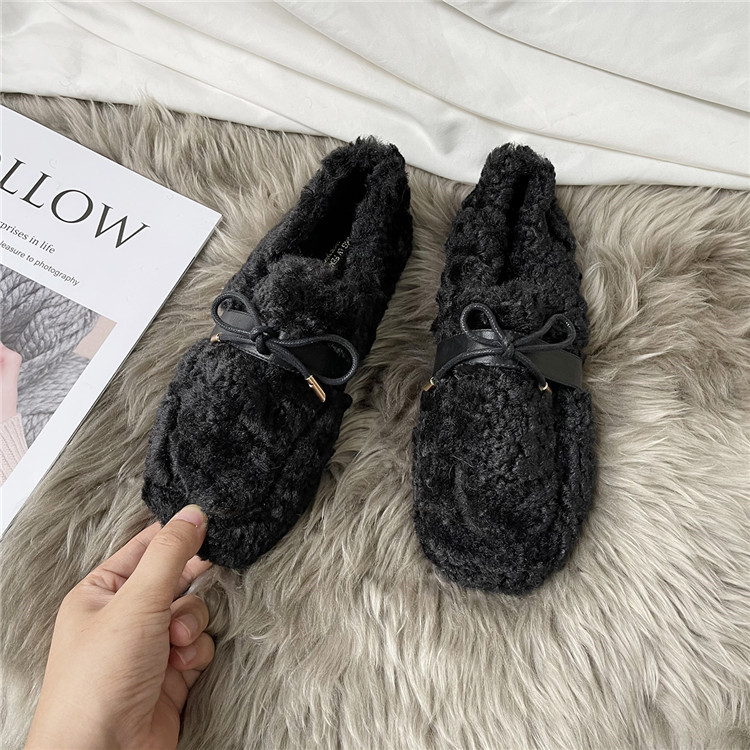 レディーススリッポン 幅広 蝶結び厚底ぬいぐるみ靴 裏起毛暖かスリッポン