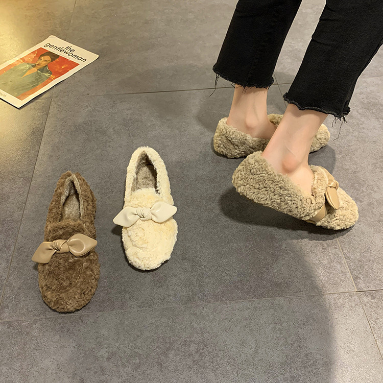 レディーススリッポン 幅広対応 蝶結び ふわもこ裏起毛 厚底綿スリッパ