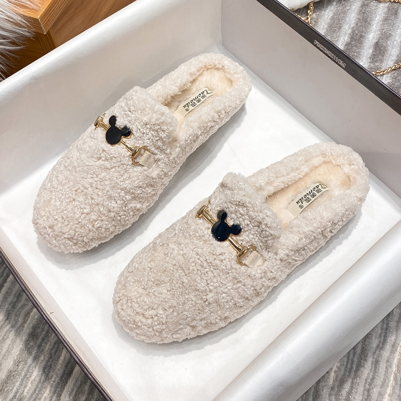 レディーススリッポン ふわもこボア素材金具装飾レディーススリッポン