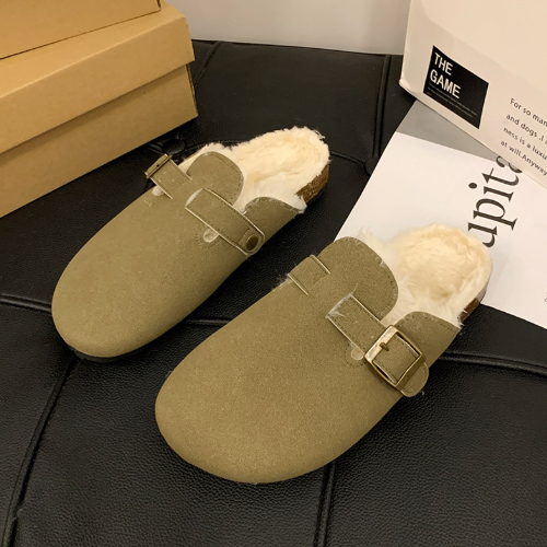 レディーススリッポン 幅広対応 ムートン調裏ボアミュール ぺたんこ