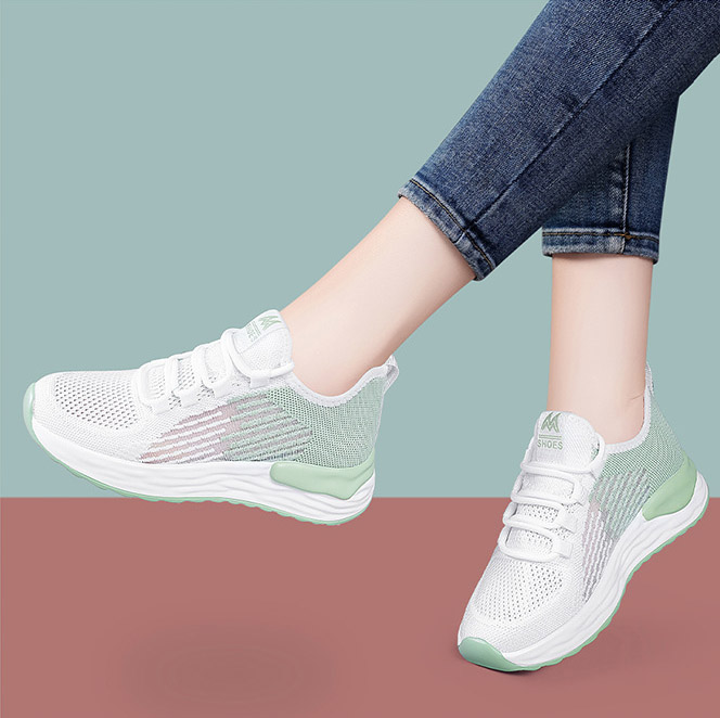 レディーススリッポン 厚底メッシュ運動靴 レディース結ばない紐 歩きやすい白緑