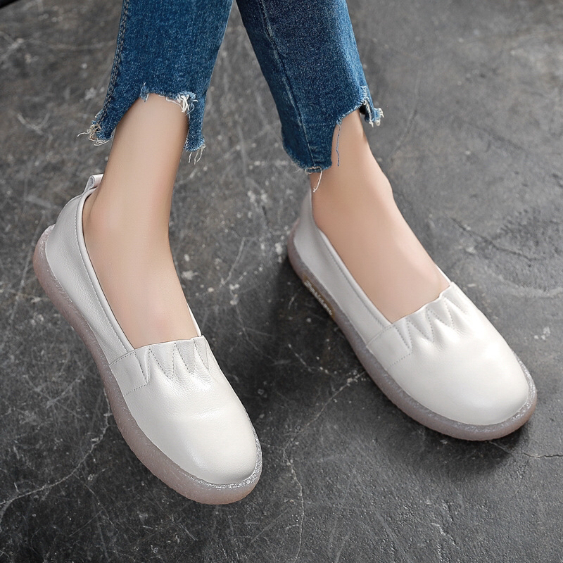 レディーススリッポン ふんわりギャザー入り本革幅広スリッポン