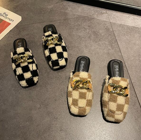 レディーススリッポン 秋冬レディース幅広チェック柄ファーミュール金具付きスリッポン