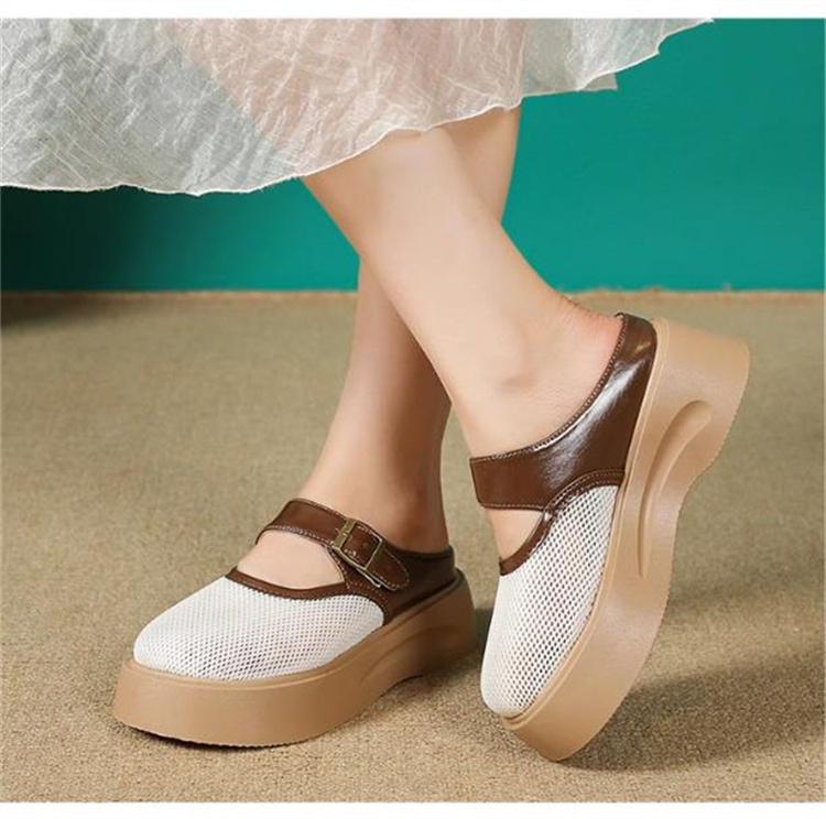 レディーススリッポン 厚底メッシュサンダル ストラップ付き通気性抜群