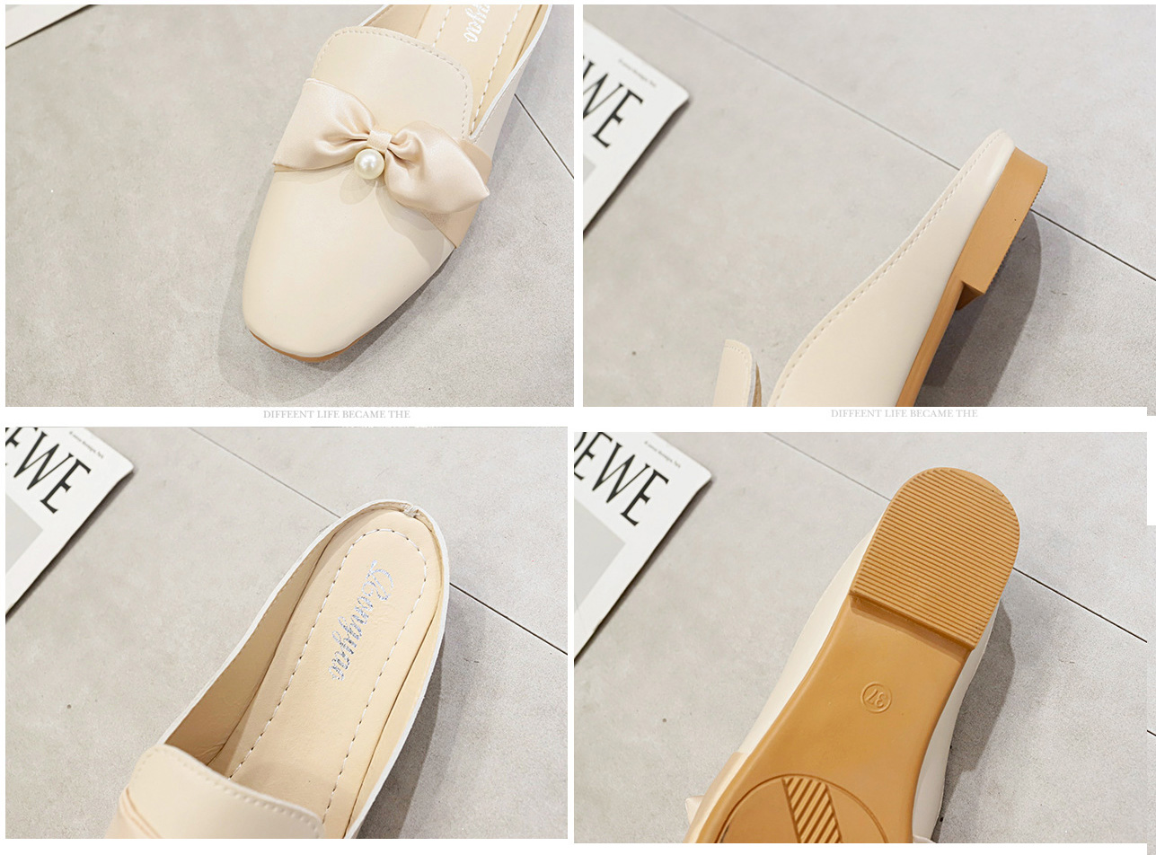 レディーススリッポン 幅広対応 女性用ぺたんこローファー風サンダル リボン付き