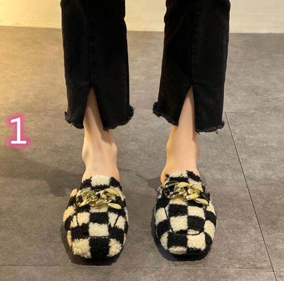 レディーススリッポン 秋冬レディース幅広チェック柄ファーミュール金具付きスリッポン