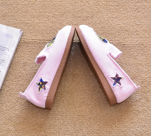 レディーススリッポン スパンコールハート刺繍キャンバス幅広スリッポン