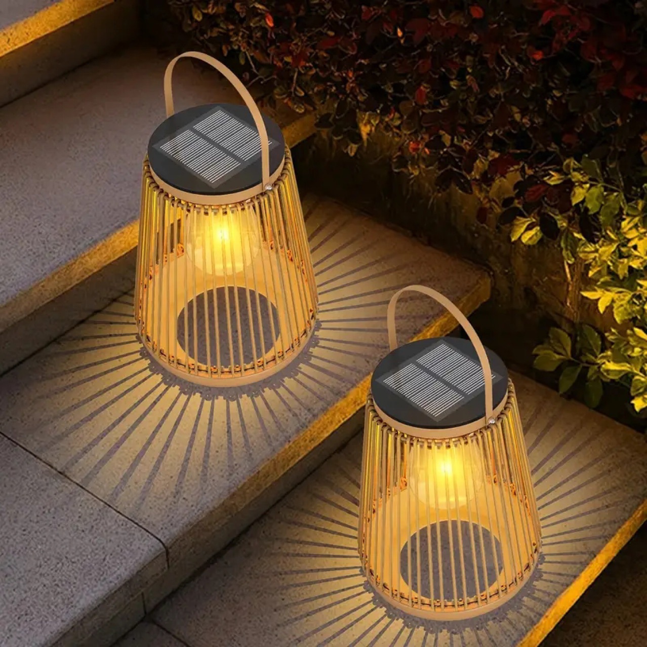 ランタン 竹風編みかごデザイン太陽光充電式ランタン