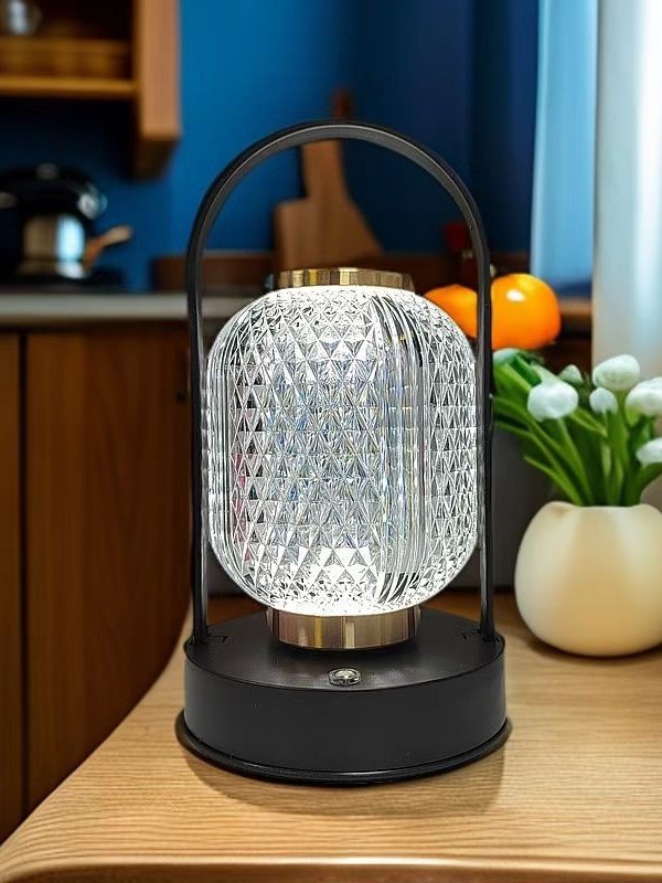 切子調ガラス装飾充電式持ち運びランタン