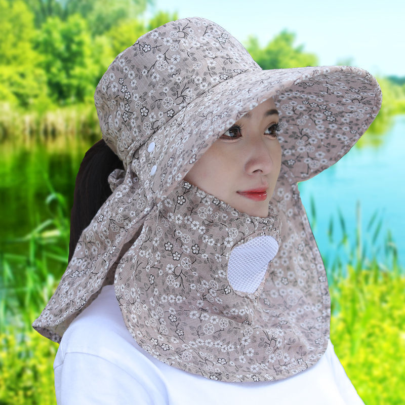 ガーデニング 小花柄日除け付き首元ガード機能帽子