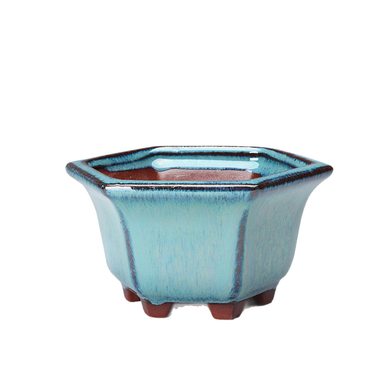 ガーデニング 六角脚付き盆栽釉薬仕上げ陶器鉢