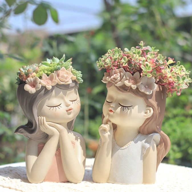 ガーデニング 花冠を纏う少女の多肉植物植木鉢オーナメント