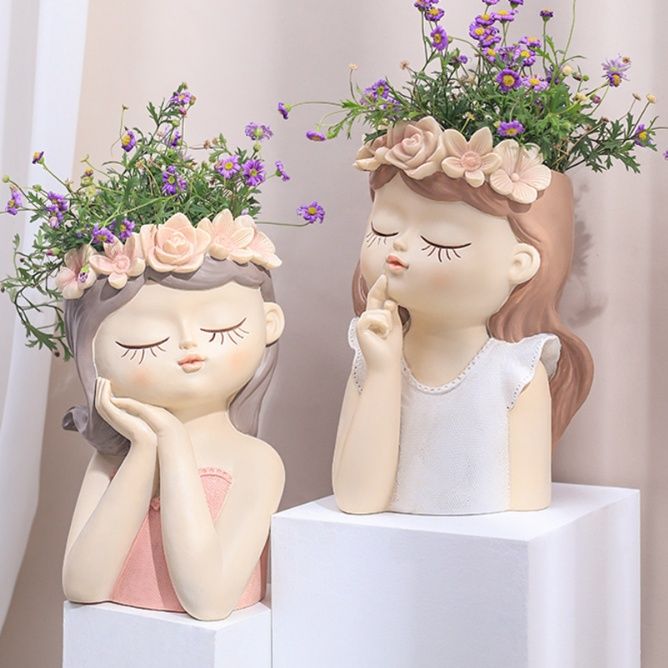 ガーデニング 花冠を纏う少女の多肉植物植木鉢オーナメント