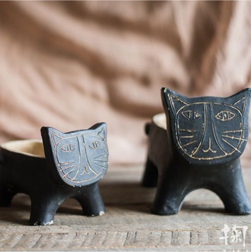 ガーデニング 愛らしい猫の顔つき手描き風四足植木鉢