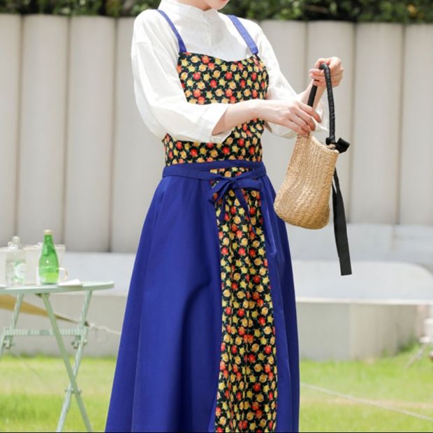 ガーデニング 花柄プリント吊りひも式ロング丈園芸用エプロン