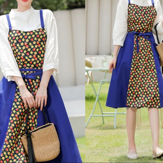 ガーデニング 花柄プリント吊りひも式ロング丈園芸用エプロン